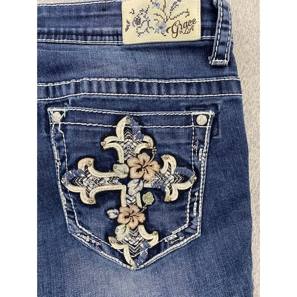 Grace In LA Womens Size 14 Denim Jeans w/Embroidery Cross Pockets Bling Studs
